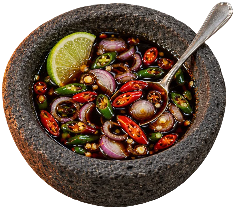 Cobek batu kecil berisi sambal kecap: irisan cabai rawit merah dan hijau, bawang merah, dan sepotong jeruk nipis.