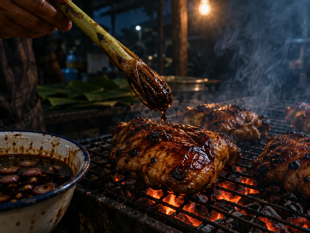 Batang serai yang dipakai sebagai kuas, penuh kecap kental, menetes di atas sepotong ayam bakar yang mengilap.