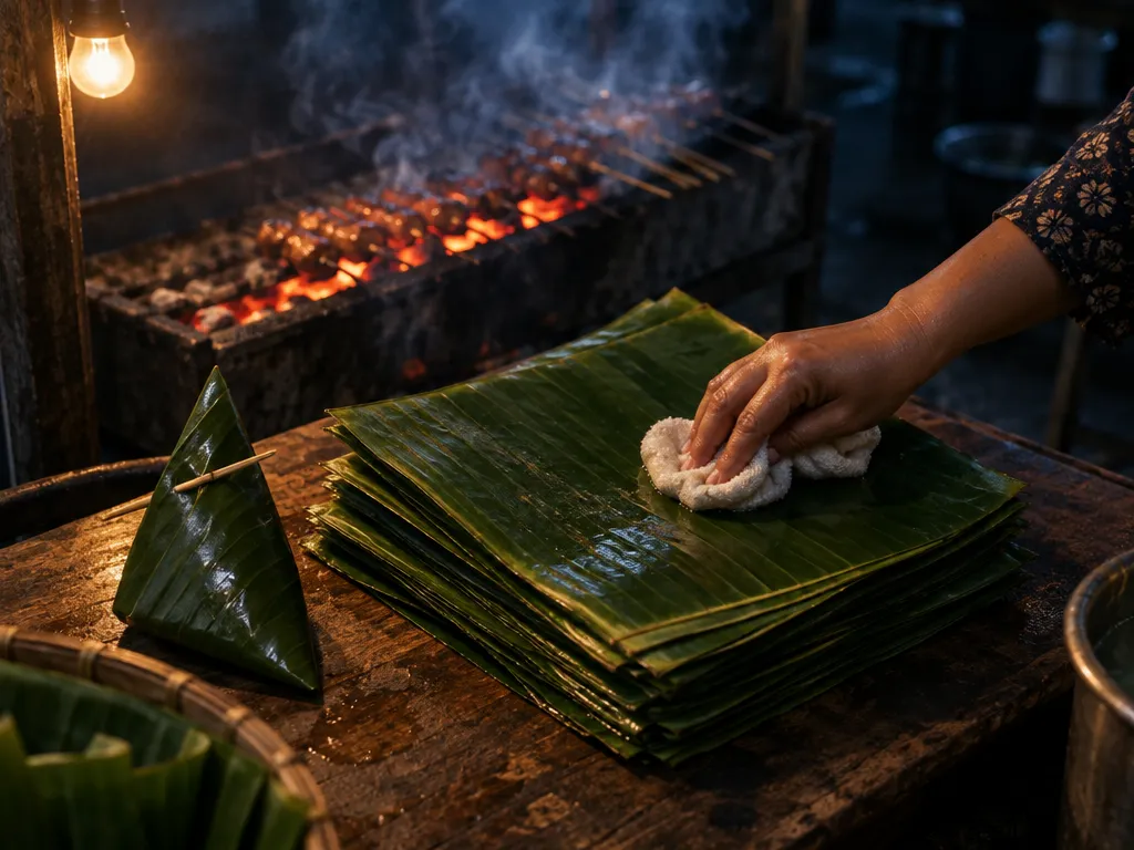 Satu tangan mengelap tumpukan lembar daun pisang dengan kain basah di meja gerobak. Di sampingnya satu daun dilipat jadi kerucut.