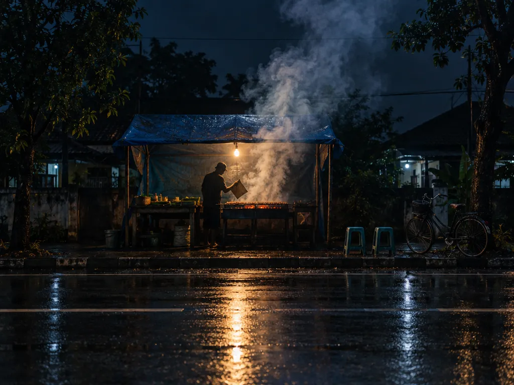 Dari seberang jalan yang basah: tenda warung berterpal biru dengan satu bohlam, siluet penjual mengipas, dan tiang asap tebal yang membelok ditiup angin.