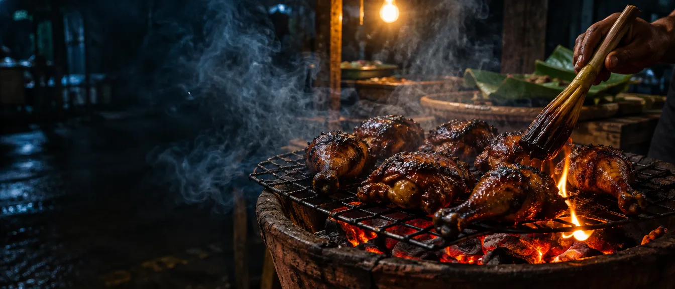 Potongan ayam bakar berwarna cokelat tua mengilap di atas anglo tanah. Satu tangan mengolesnya dengan batang serai, dan setetes kecap menyulut api kecil.