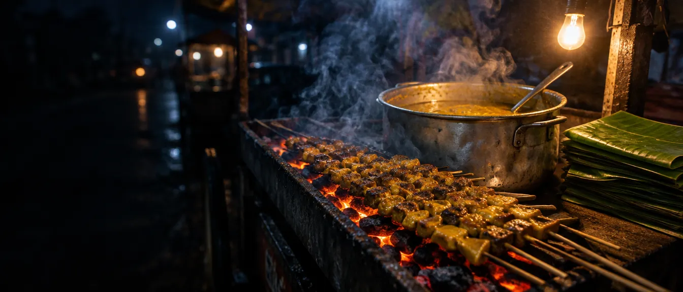 Tusuk-tusuk sate berwarna kuning kunyit di atas bara, di sebelahnya panci aluminium berisi kuah kuning kental dan tumpukan daun pisang.