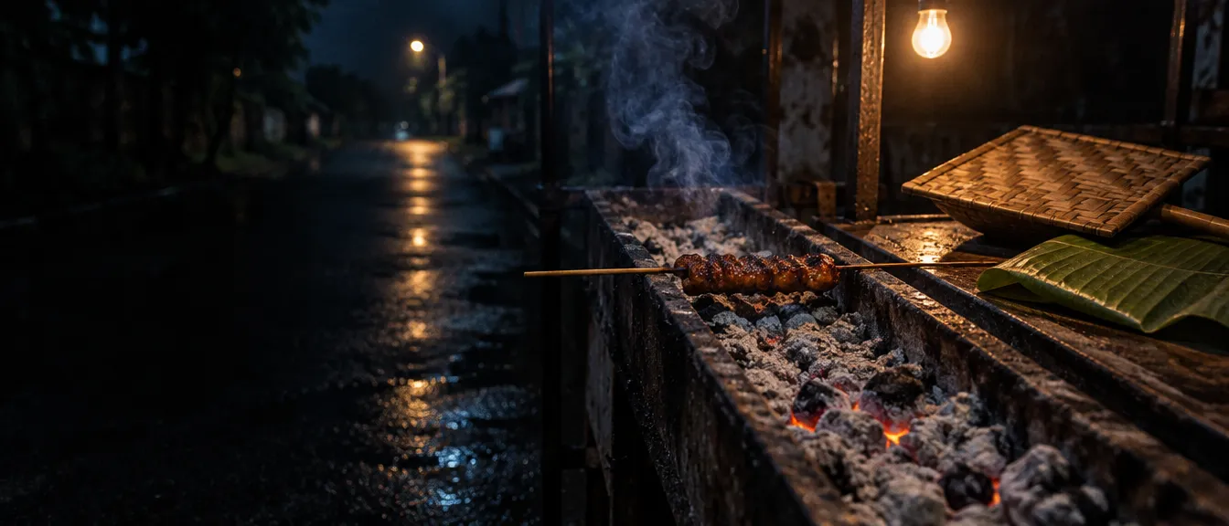 Panggangan sate di akhir malam: bara tertutup abu kelabu, satu tusuk sate tertinggal, kipas anyaman tergeletak di tepi gerobak.