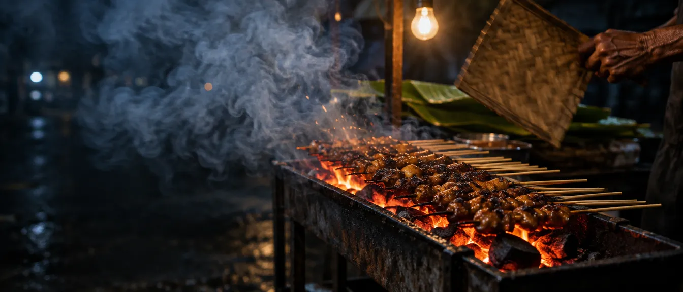 Puluhan tusuk sate ayam berlumur kecap di atas bara arang. Dari kanan, satu tangan mengayun kipas anyaman, dan asap tebal bergulung ke kiri di bawah satu bohlam.