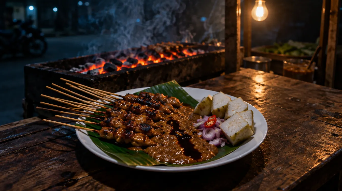 Sepuluh tusuk sate ayam di piring beralas daun pisang, tertutup bumbu kacang dan segaris kecap, dengan irisan bawang merah dan potongan lontong. Panggangan arang menyala di belakangnya.