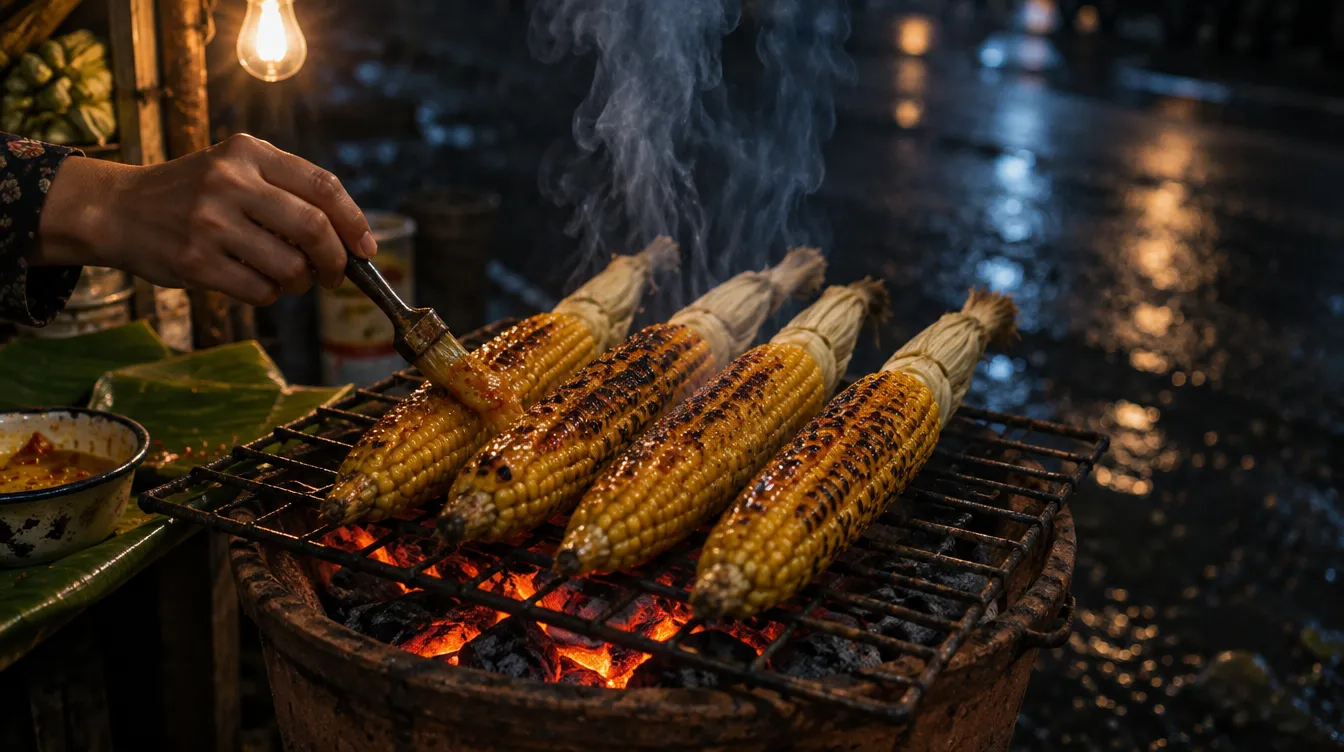 Empat jagung dengan kelobot ditarik ke belakang di atas anglo tanah. Satu tangan mengoles bumbu dengan kuas kecil, jalan basah di belakangnya.