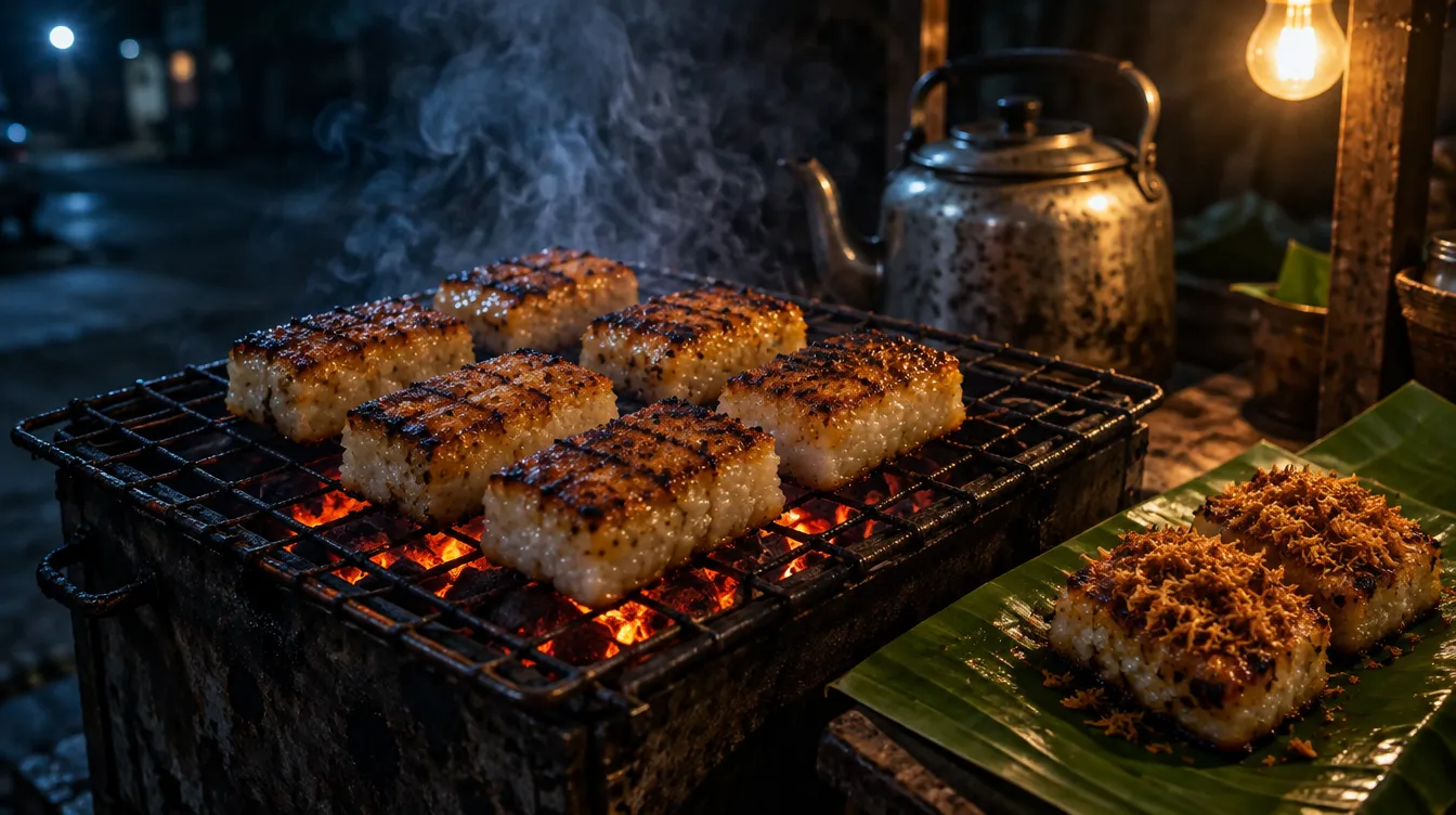 Enam balok ketan dengan garis gosong di atas kotak arang kecil. Di daun pisang sebelahnya dua balok bertabur serundeng, dan ceret aluminium di belakang.